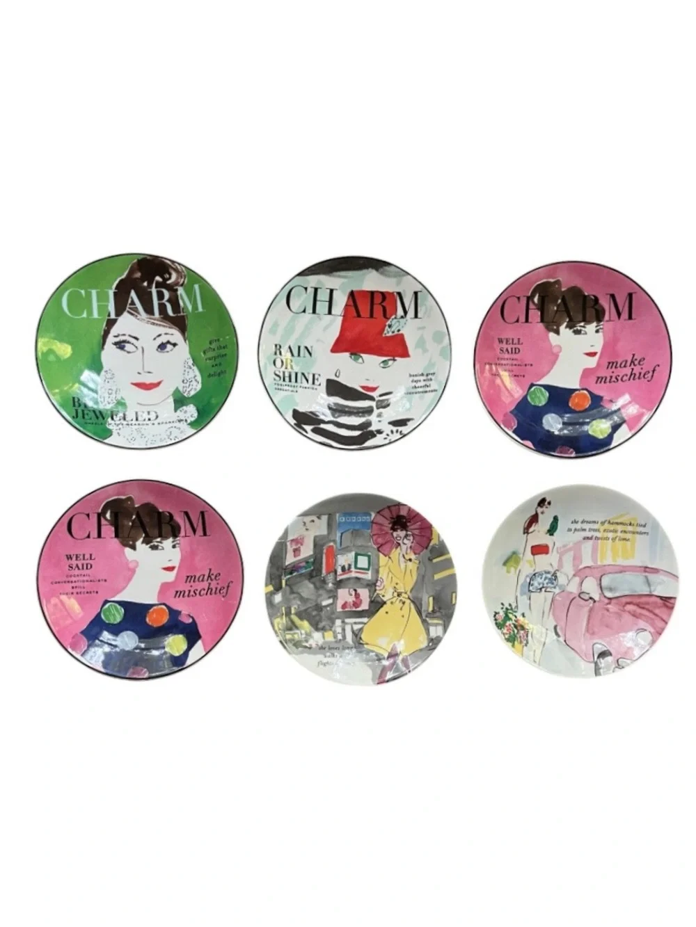 RARE Set of 6 Kate Spade New York Make Headlines Charm Magazine Tidbit Plates
